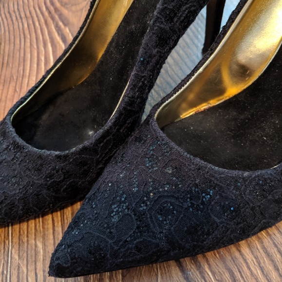 Nine West Shiny Black Lace Stilettos Heels - Picture 4 of 5